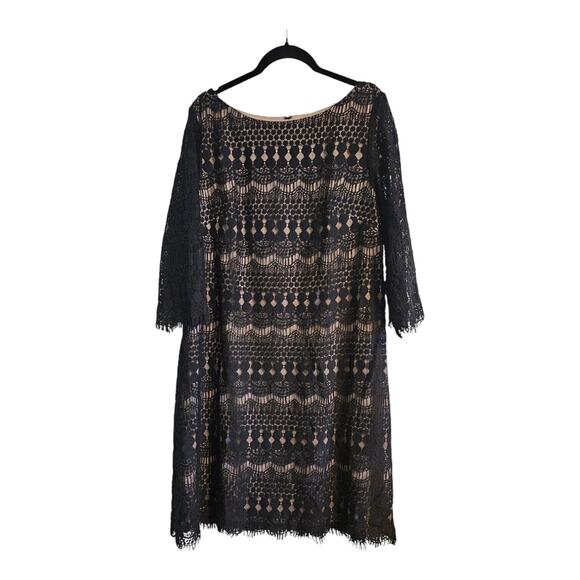 Jessica Howard Womens 16 Sheath Dress Scalloped Black Lace Overlay 3/4 Sleeves - Picture 1 of 8